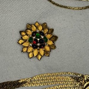 D'ORLAN Vintage signed Florentine Gilt Metal Flower Pin plus unsigned necklace